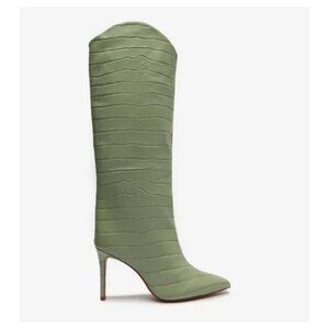 Schutz x Bala Maryana Limited Edition Crocodile-Embossed Sage Leather Boots RARE